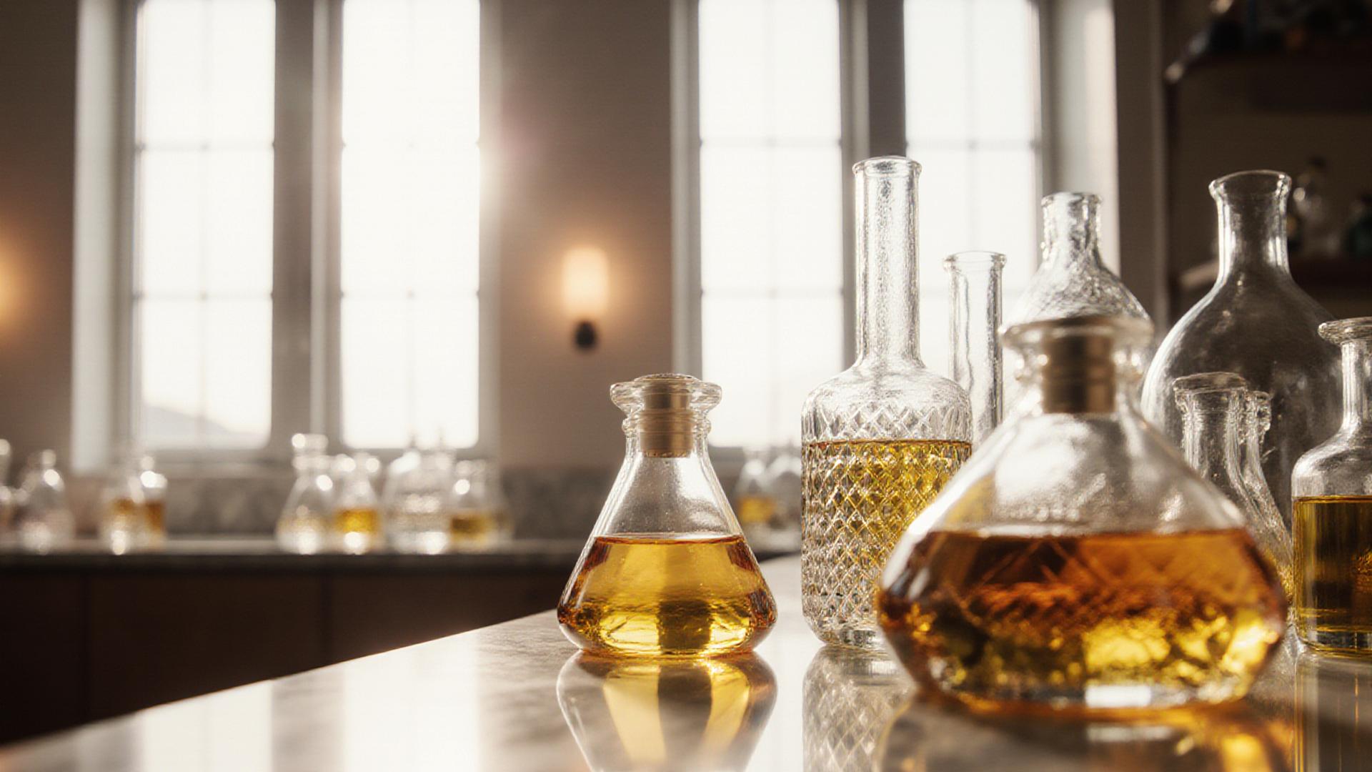 Luxury perfumery laboratory with crystal beakers