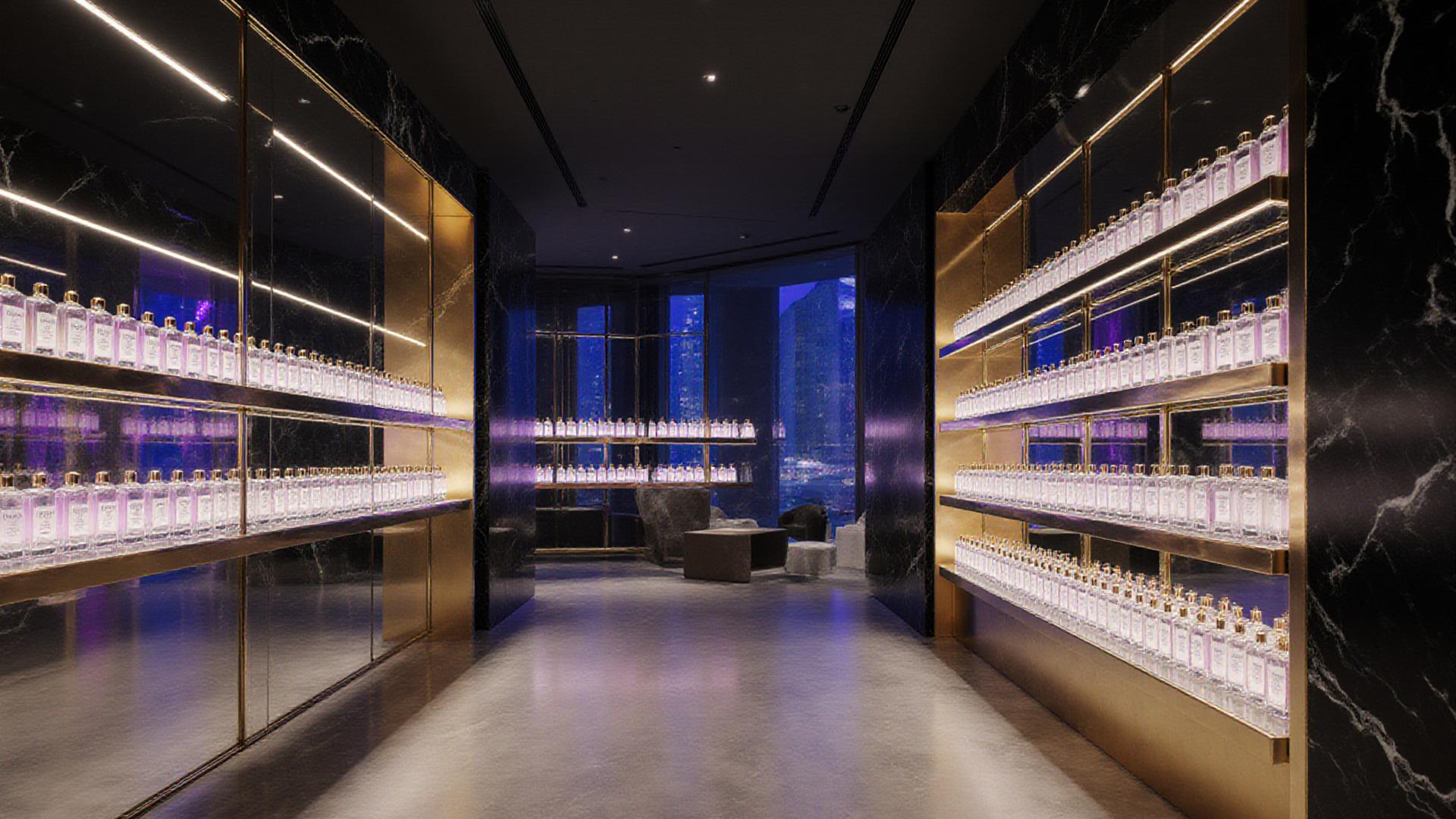 Panoramic view of the luxurious Coral Bloom Scents flagship store interior with golden accents and marble surfaces