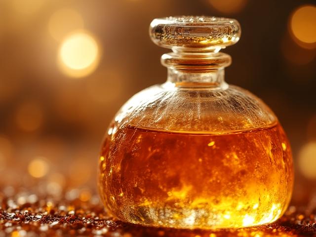 Artistic close-up of amber fragrance bottles