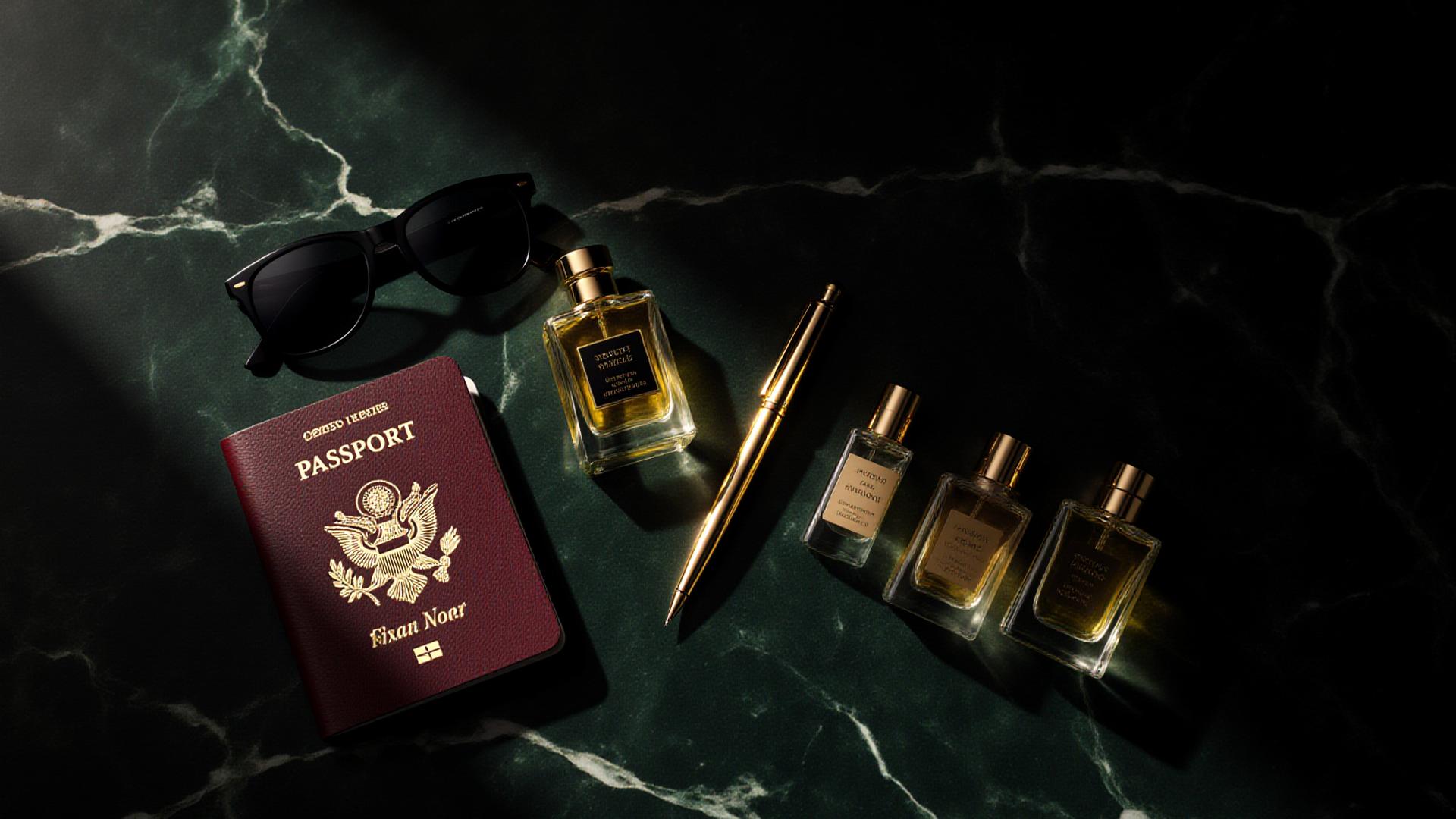 Luxury fragrance travel flat-lay with passport and accessories